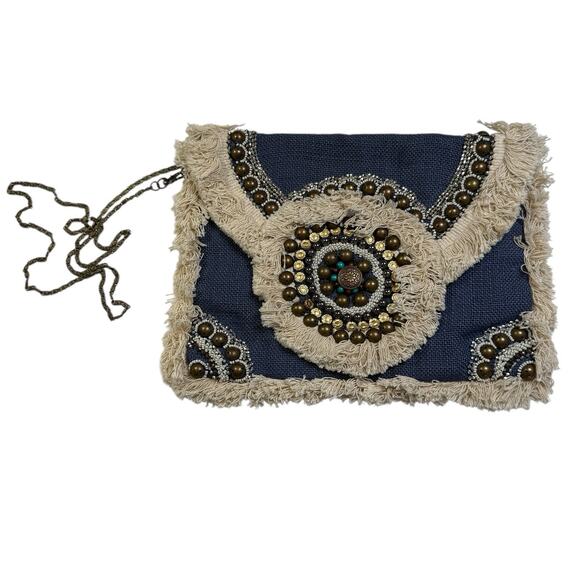 La Bellum Hillary Scott Jute Fringe Beaded Boho Envelope Crossbody Purse Bag Blu - Picture 1 of 11